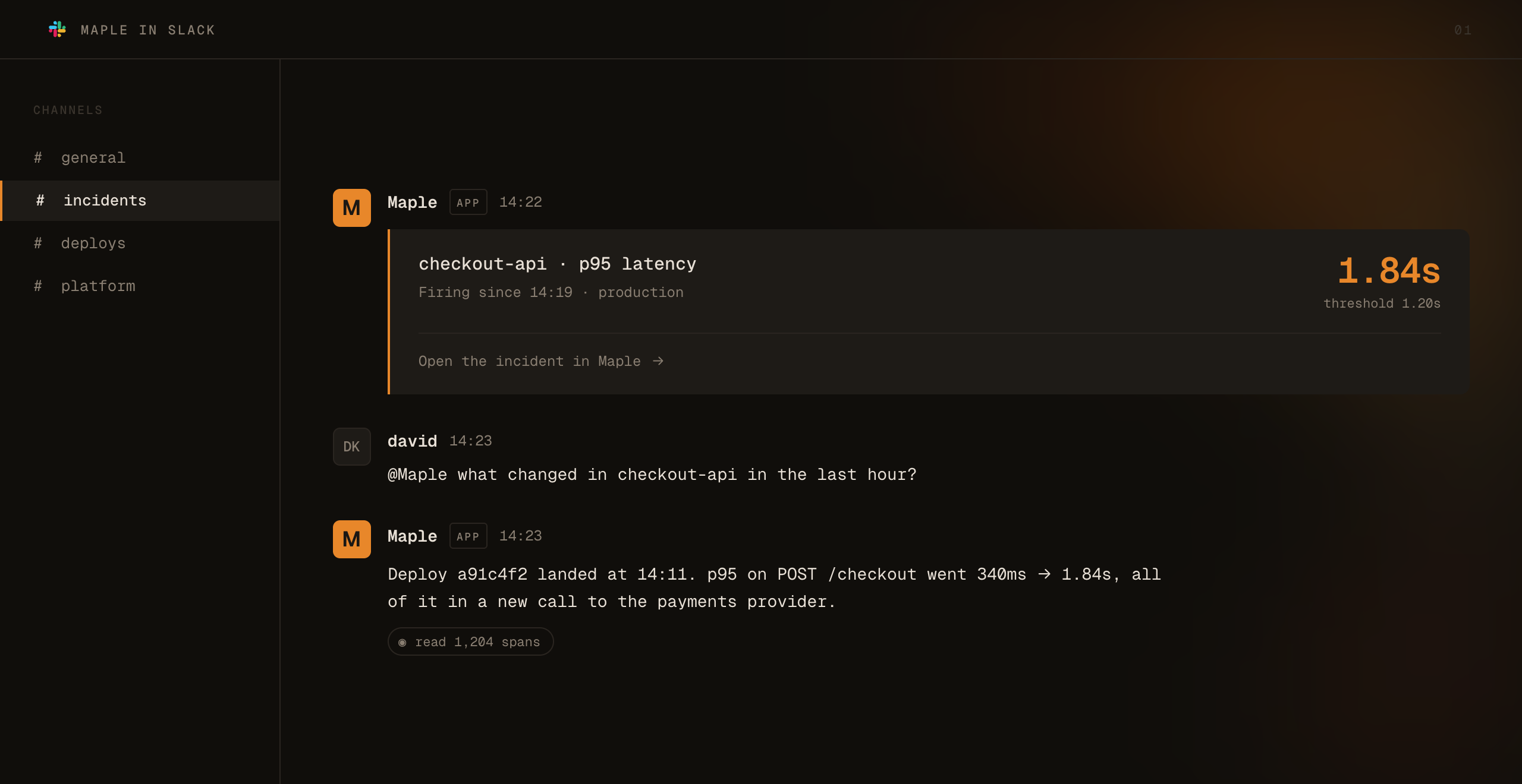 An alert delivered into a Slack channel, followed by someone asking the Maple bot what changed.